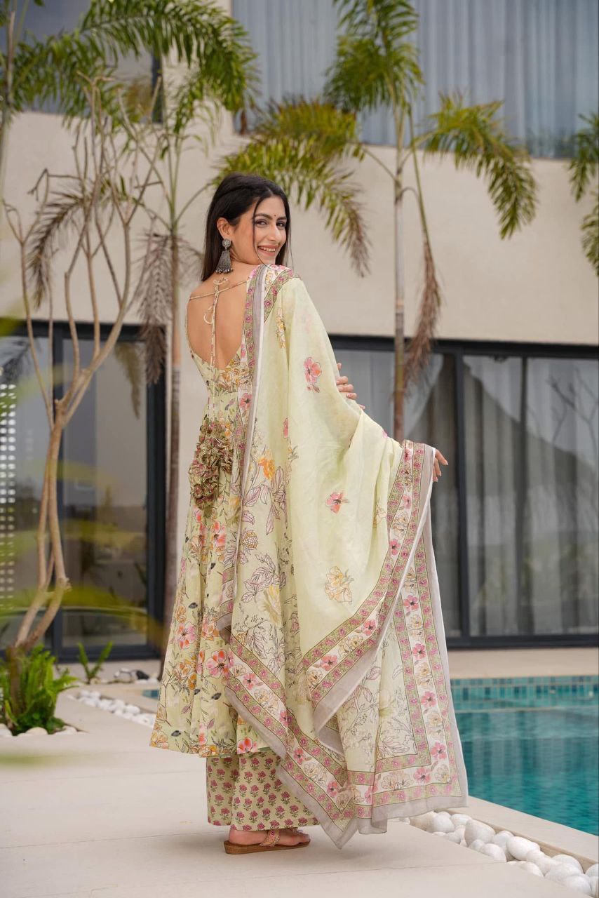 Pastel Green Floral Anarkali Set with Printed Dupatta 🌸💚