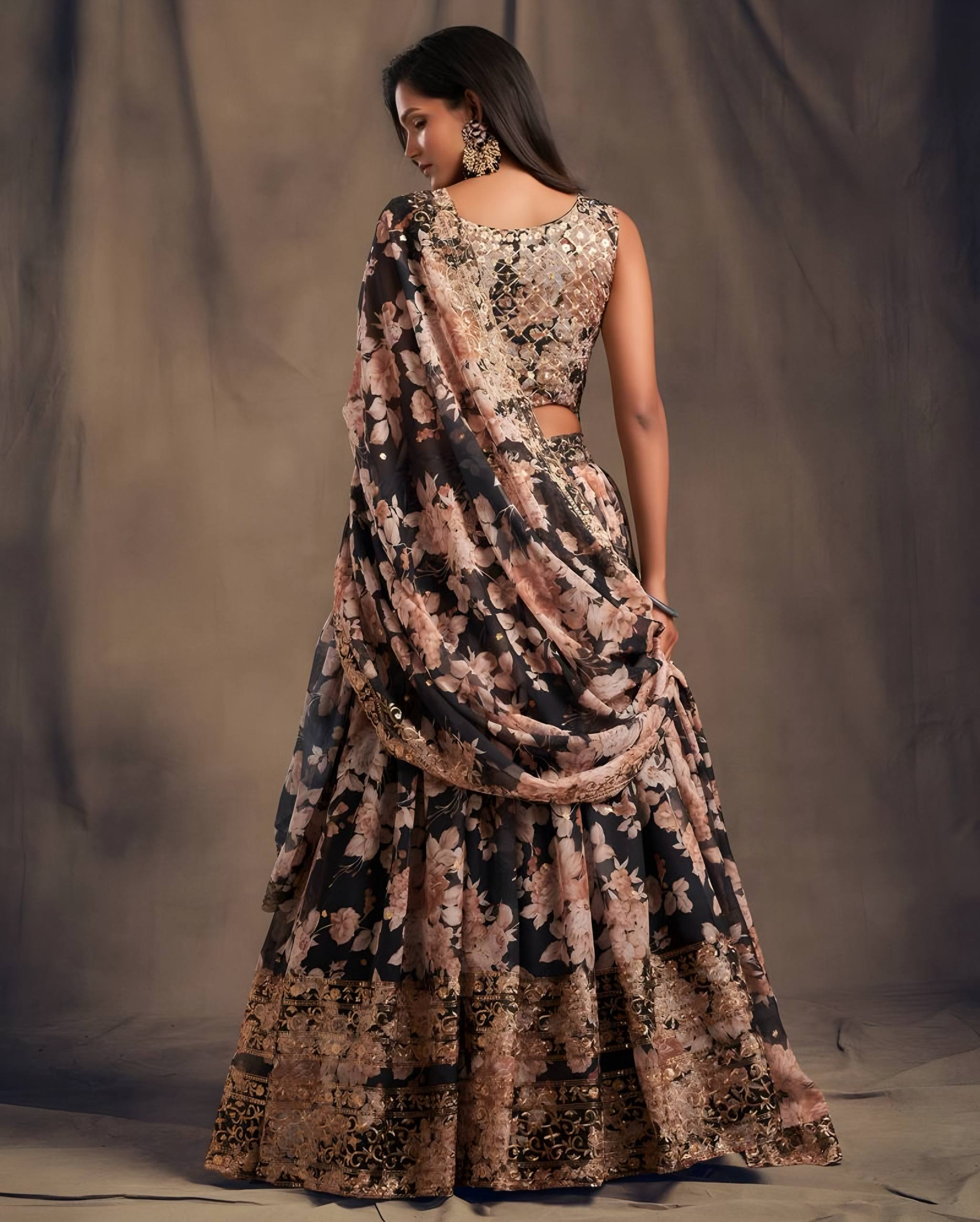 🌹 Black Floral Printed Embroidered Lehenga Set with Dupatta 🌹