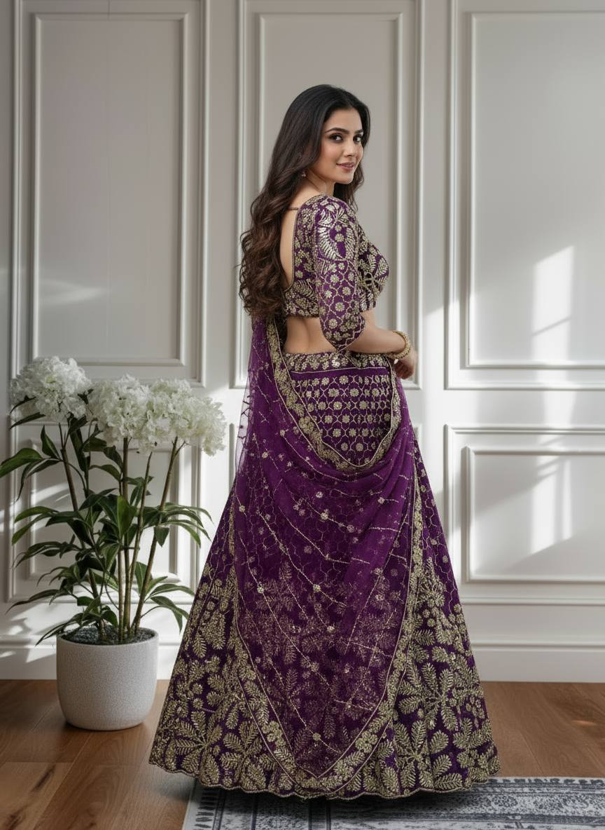 ✨ Regal Purple Embroidered Net Lehenga Set with Dupatta ✨