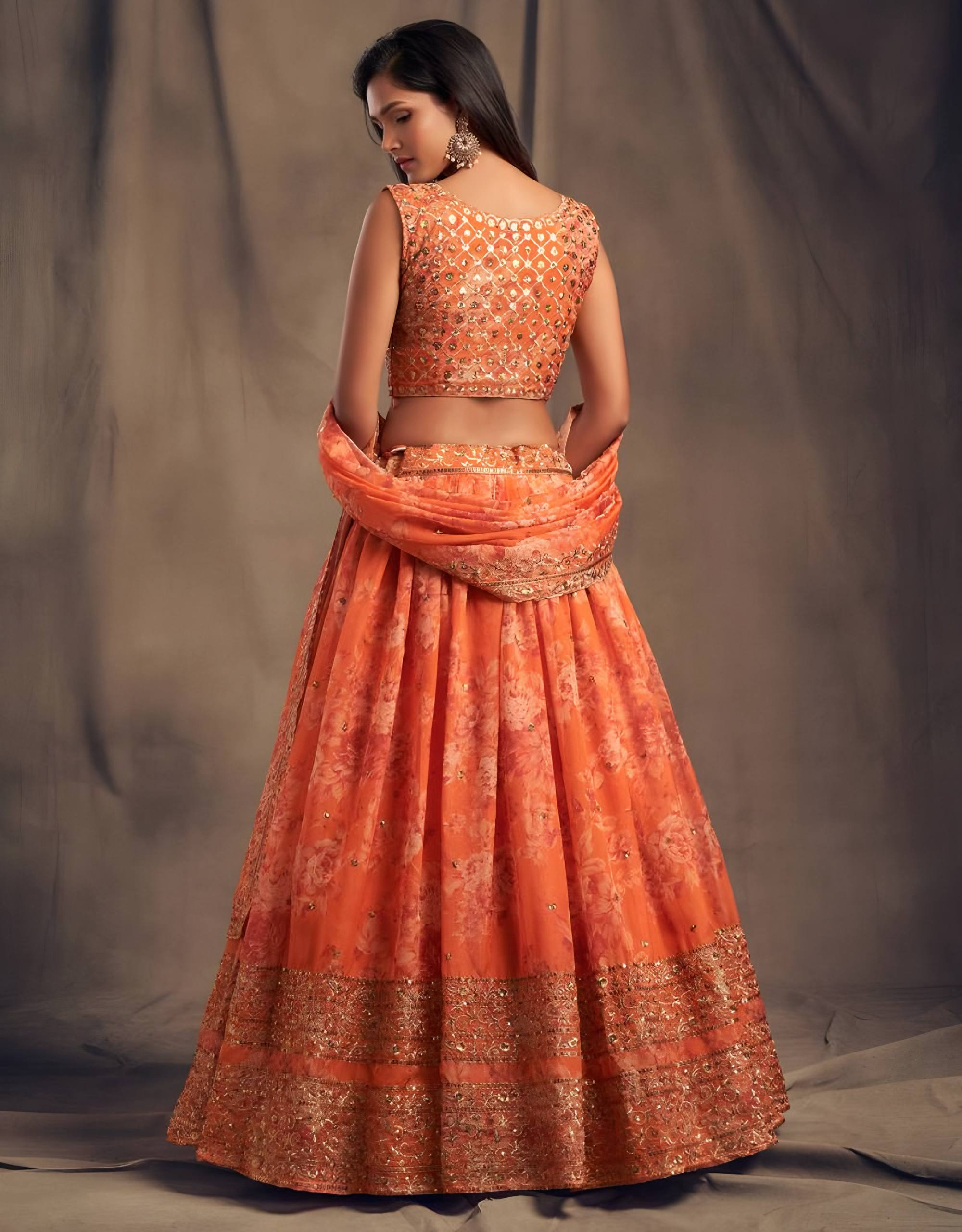 🧡 Orange Floral Embroidered Lehenga Set ✨
