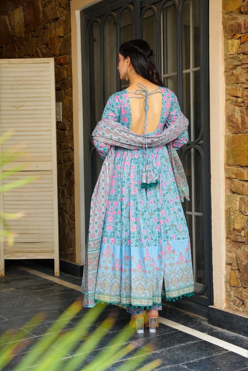 🌸 Elegant Sky Blue Floral Anarkali Kurta Set with Dupatta 🌸