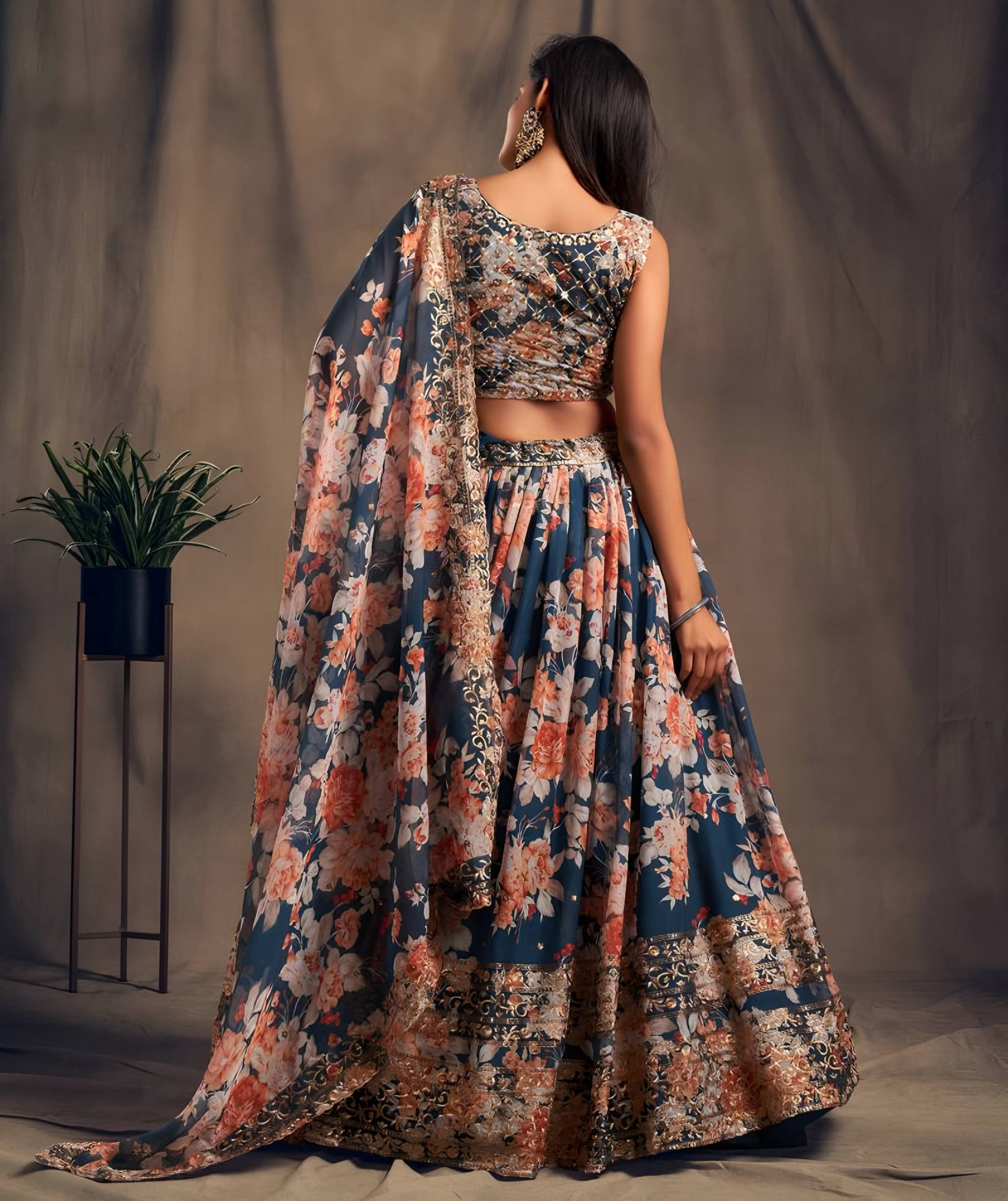 🌸 Navy Blue Floral Embroidered Lehenga Set ✨