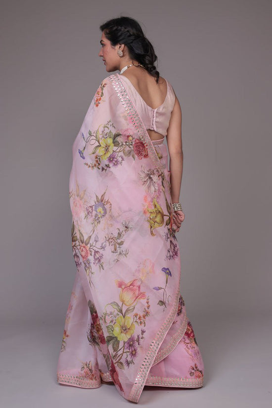🌷 Blush Pink Floral Organza Saree – Garden Romance Edition