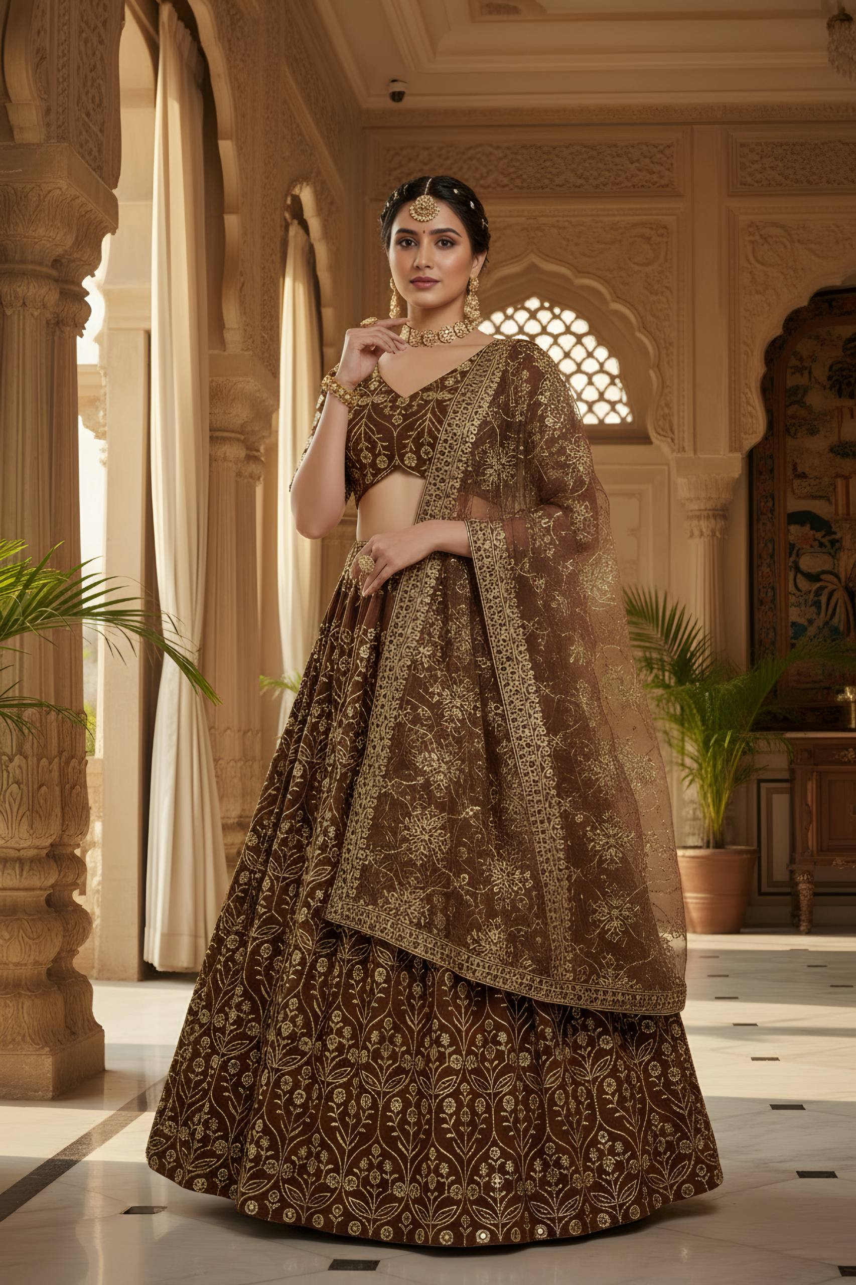 ✨ Regal Brown & Gold Embroidered Lehenga Set – Wedding & Festive Wear ✨