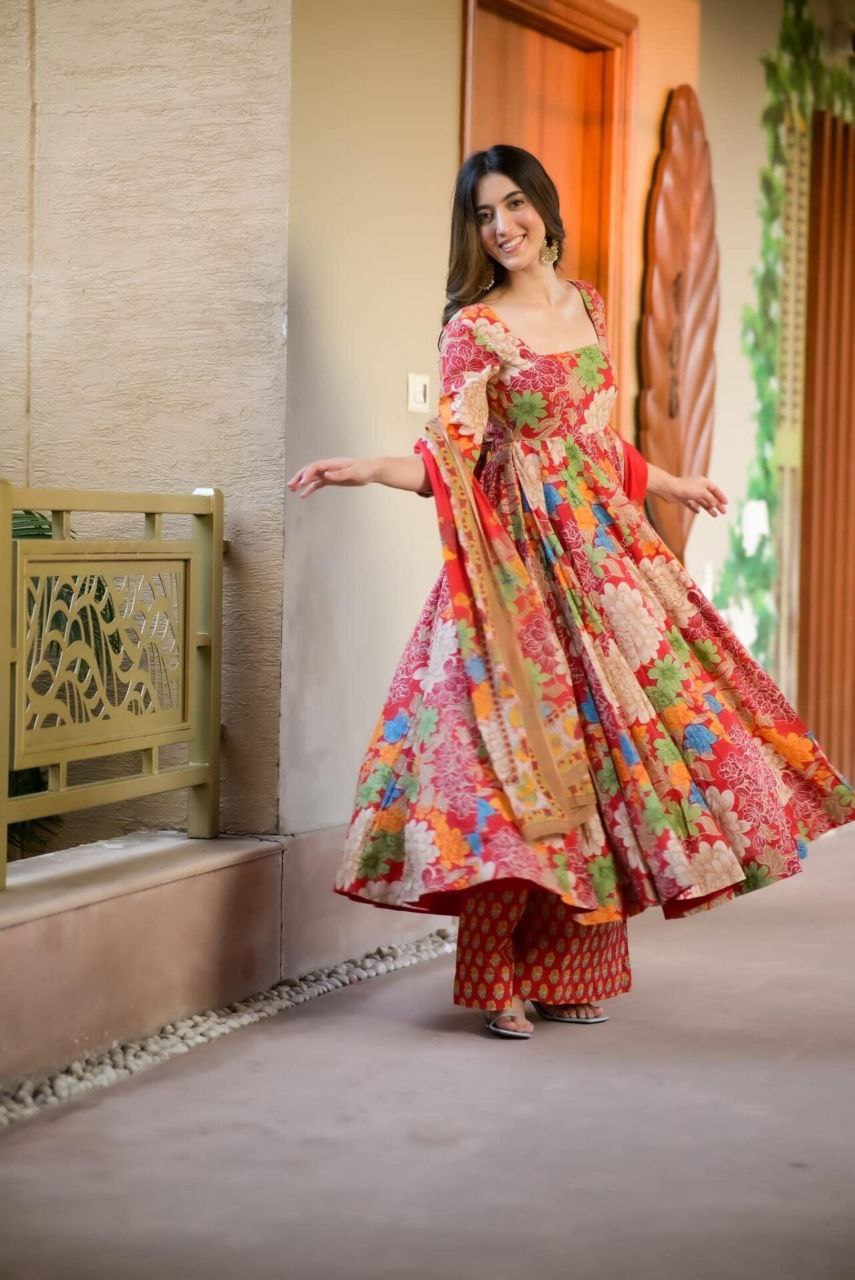 Vibrant Floral Print Anarkali Set with Red Dupatta 🌸✨