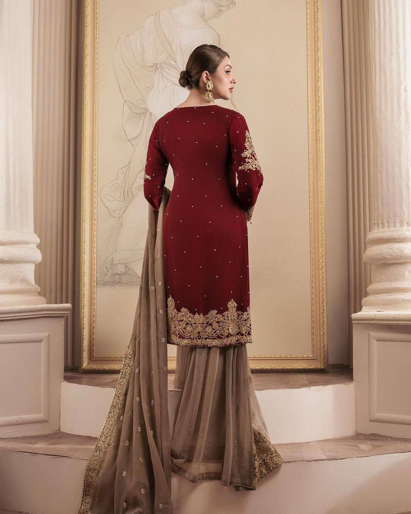 Maroon Embroidered Sharara Set with Golden Detailing