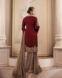 Maroon Embroidered Sharara Set with Golden Detailing
