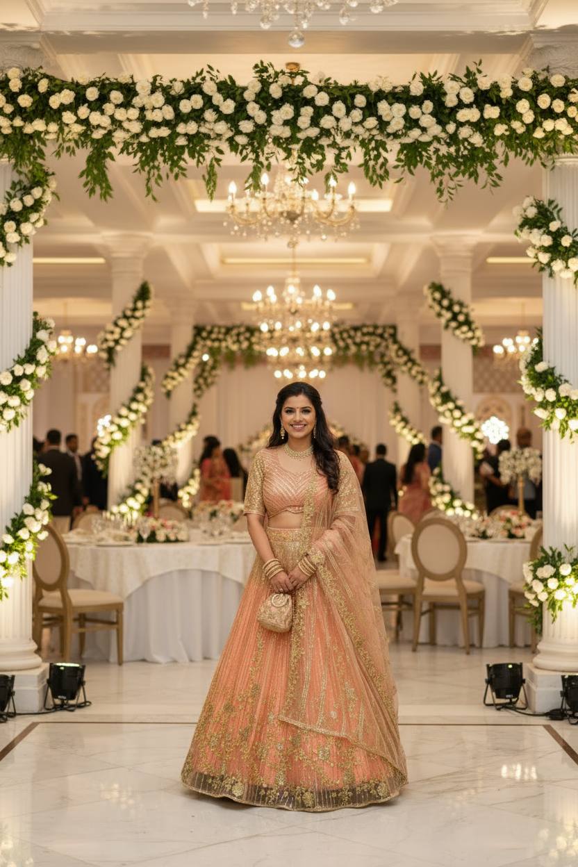 Peach Gold Embroidered Partywear Lehenga 🌸✨
