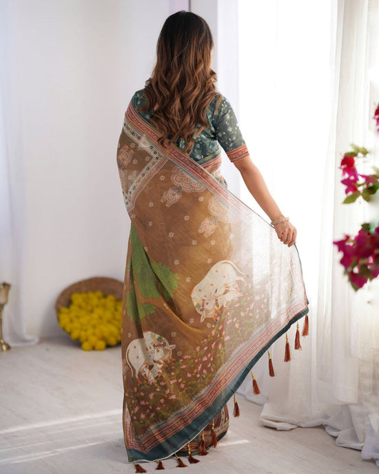 Karishma Beige & Bottle Green Saree
