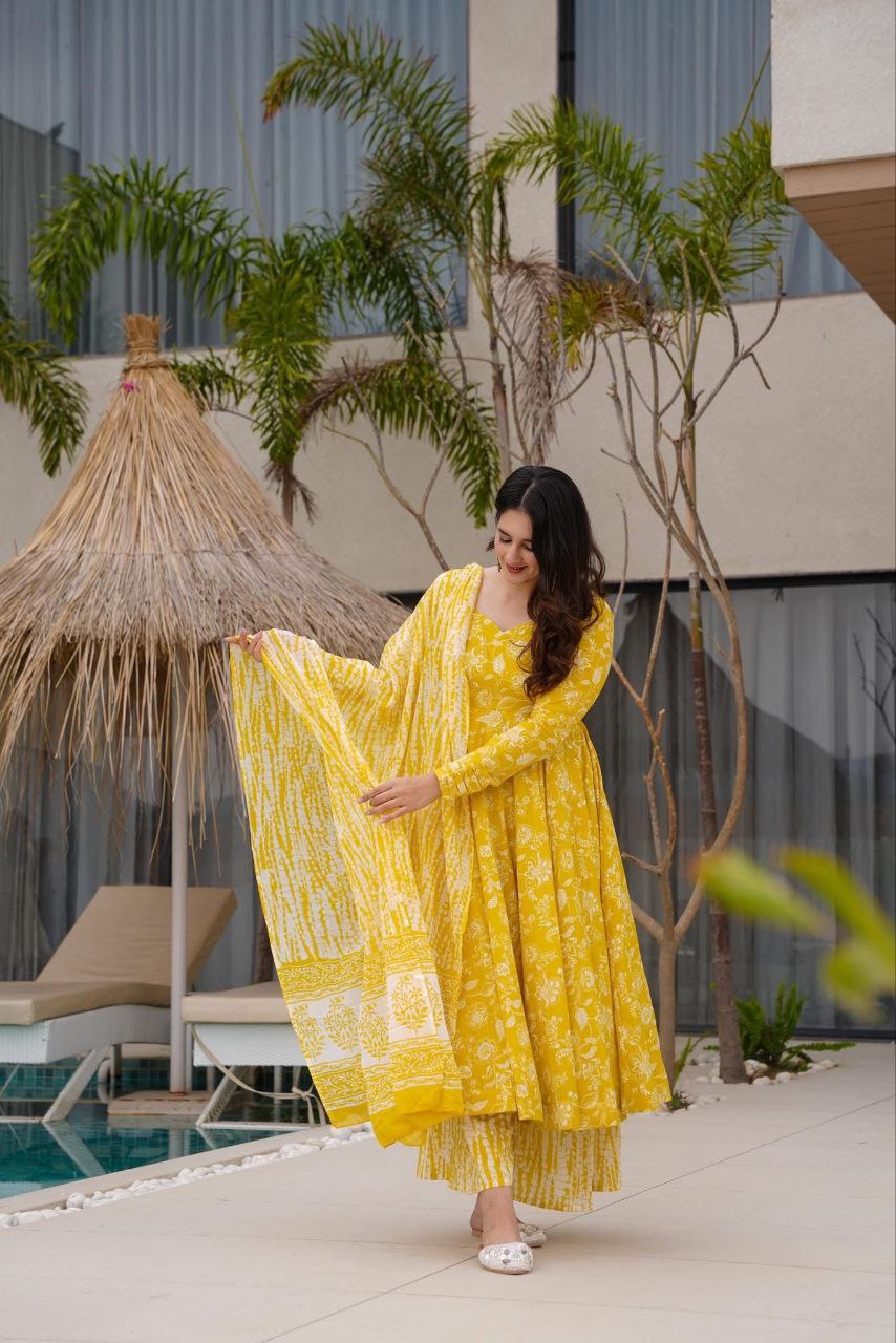Sunny Yellow Printed Anarkali Set with Dupatta ☀️🌿