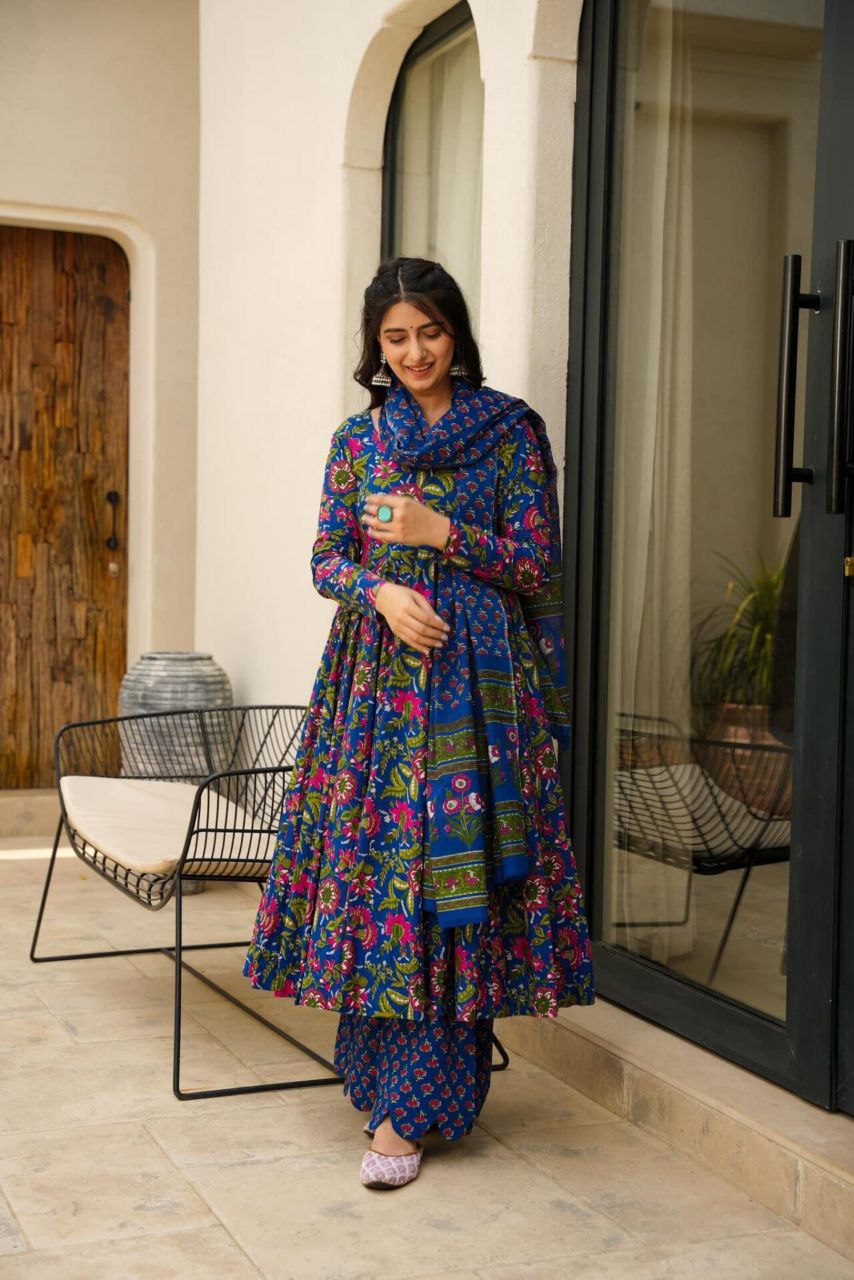 Royal Blue Floral Anarkali Set with Dupatta 🌸✨