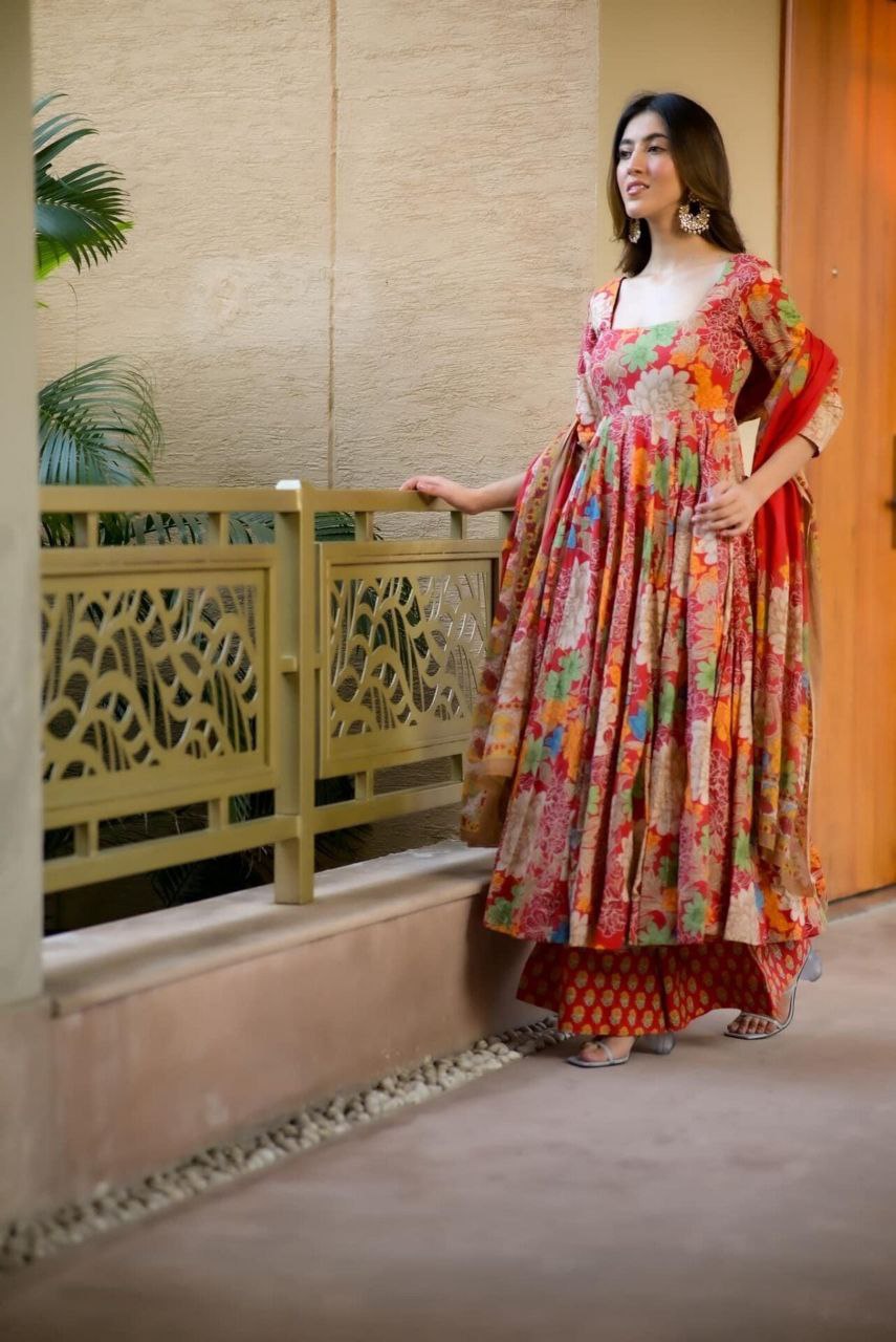 Vibrant Floral Print Anarkali Set with Red Dupatta 🌸✨
