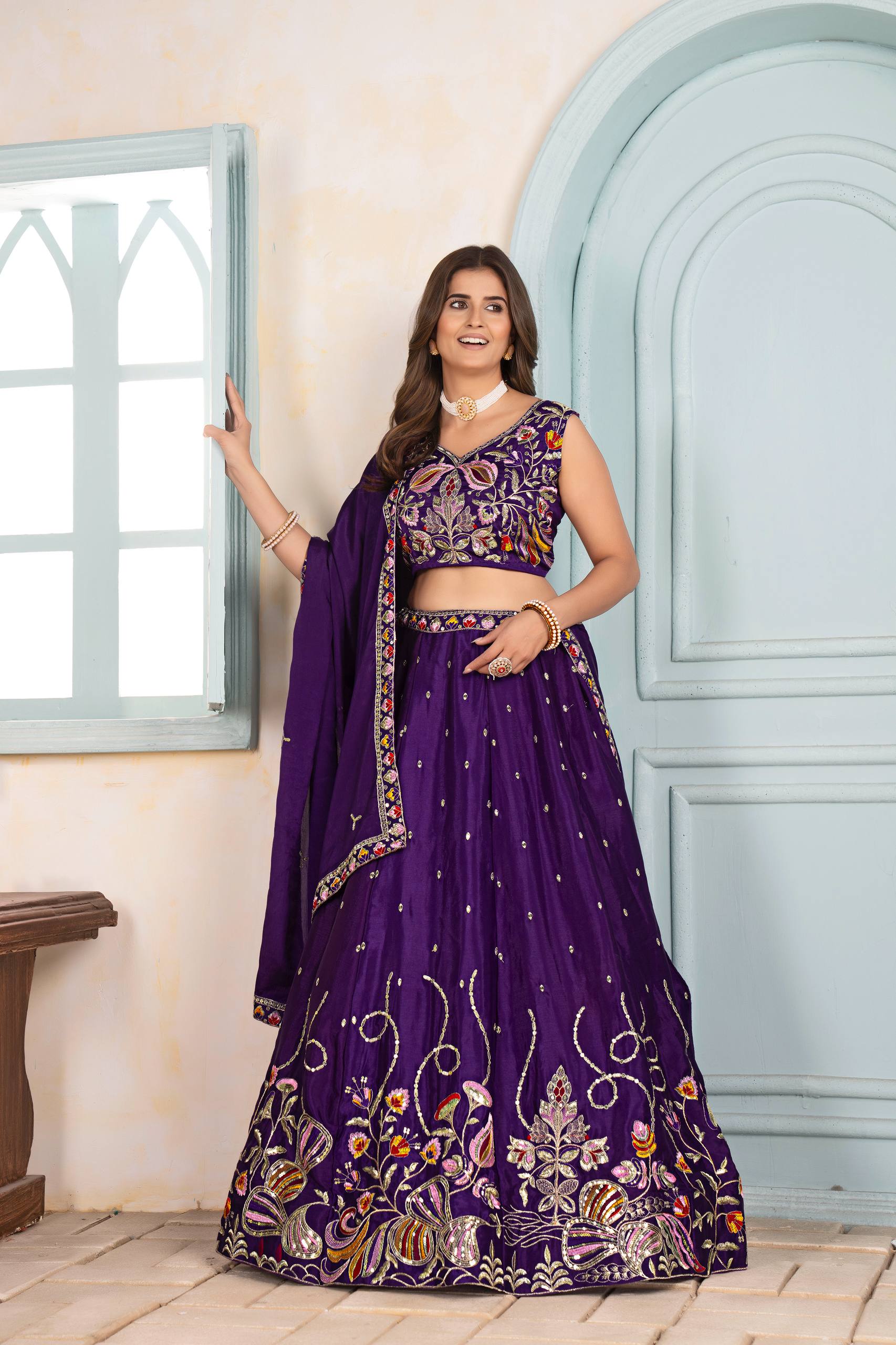 Royal Purple Embroidered Silk Lehenga Choli with Dupatta ✨🌸
