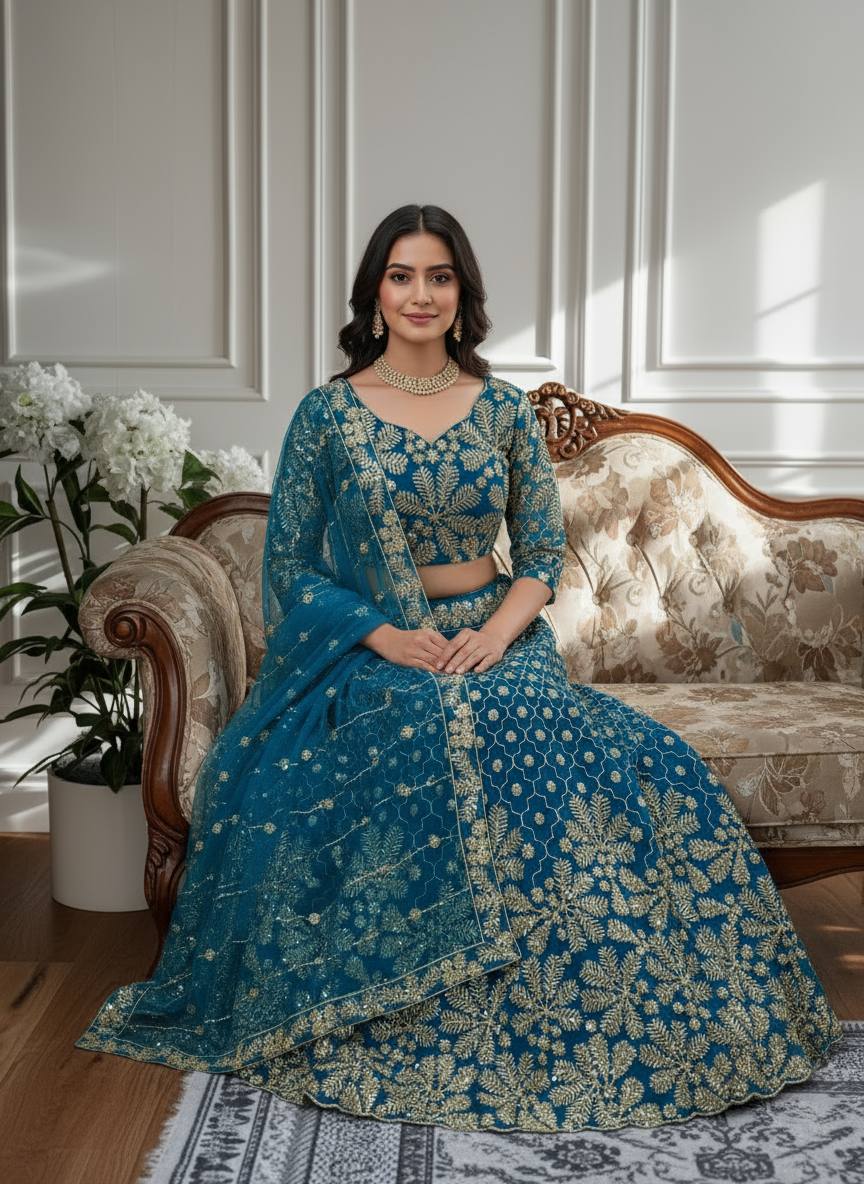 ✨ Teal Blue Embroidered Net Lehenga Choli with Dupatta