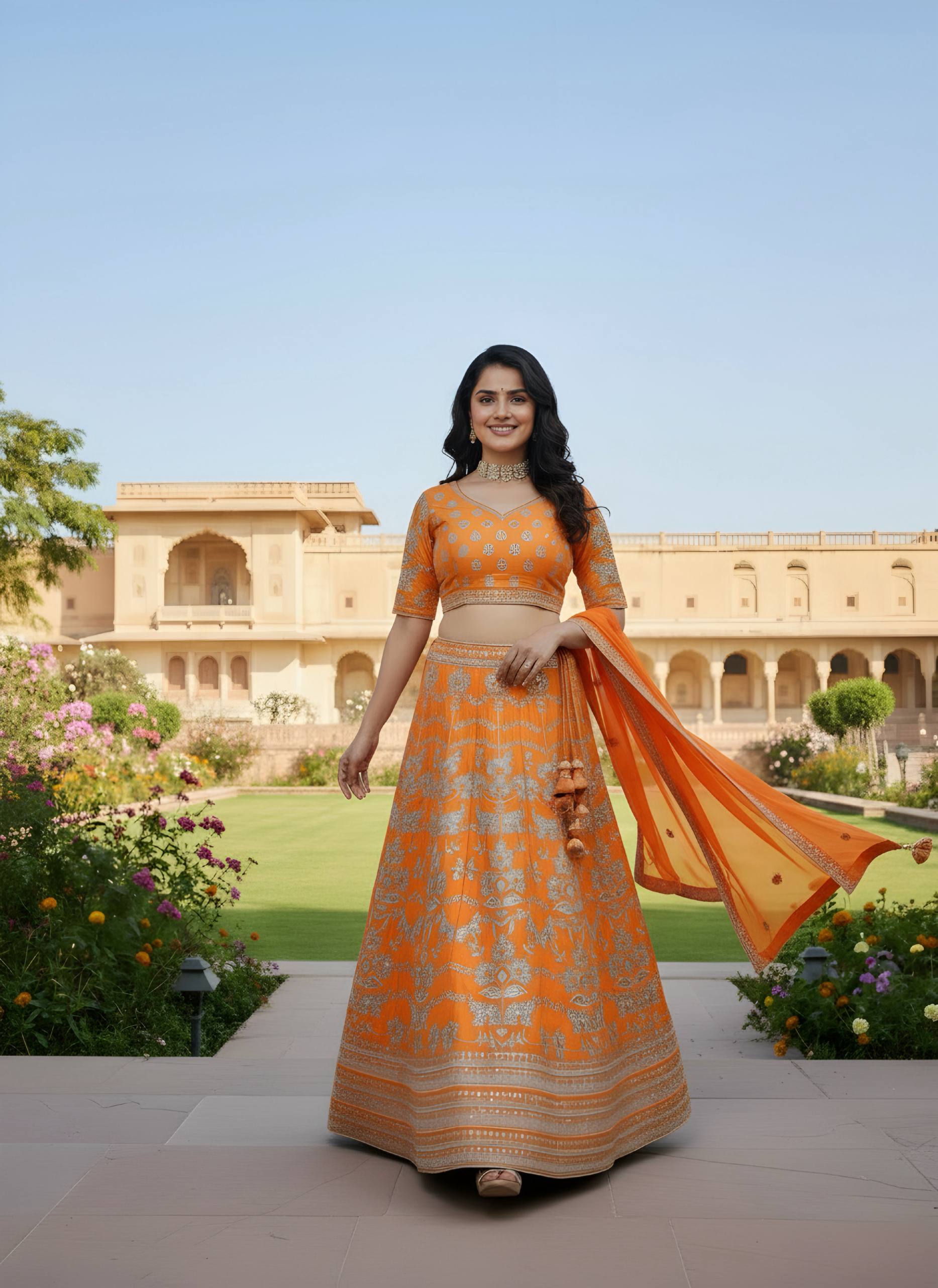 Vibrant Orange Embroidered Silk Lehenga Choli with Dupatta ✨