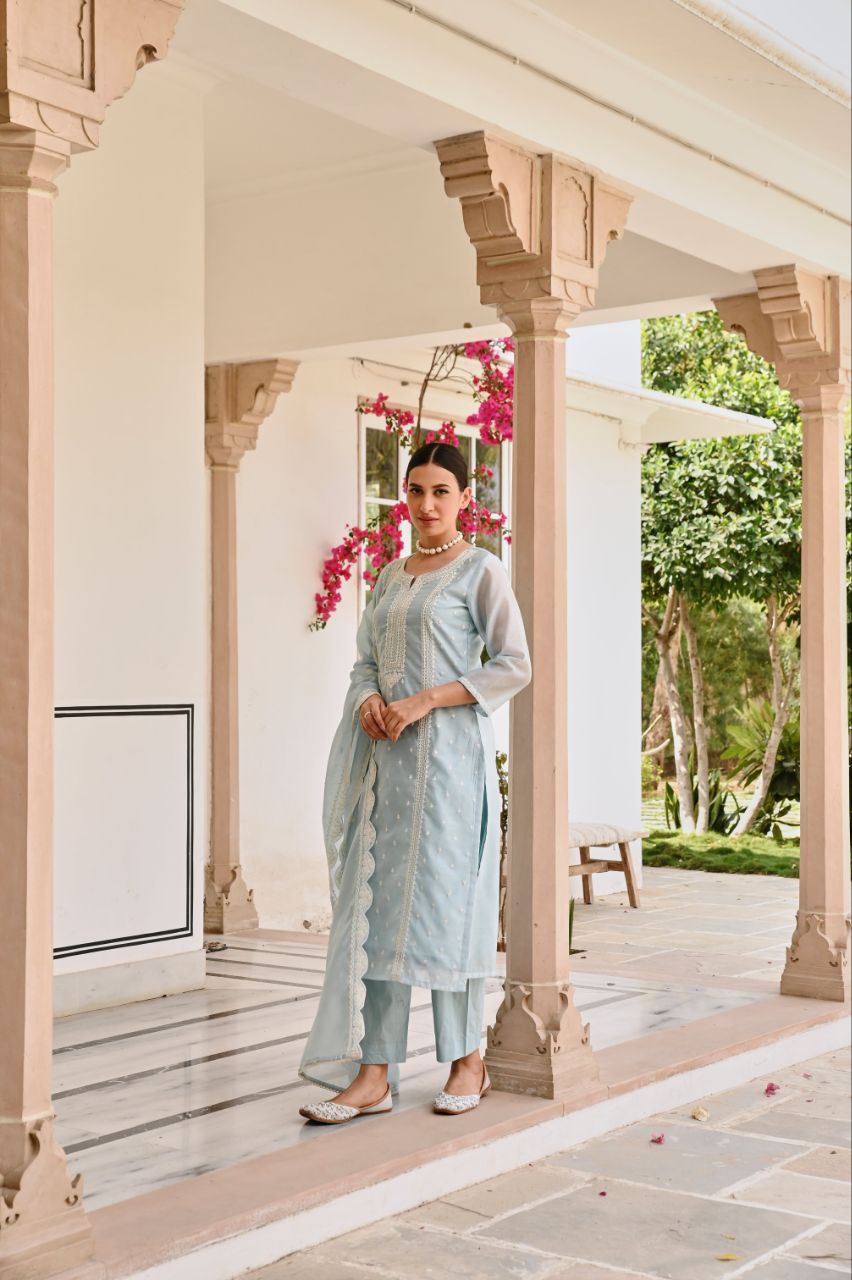 ❄️ Serene Pastel Blue Embroidered Suit Set