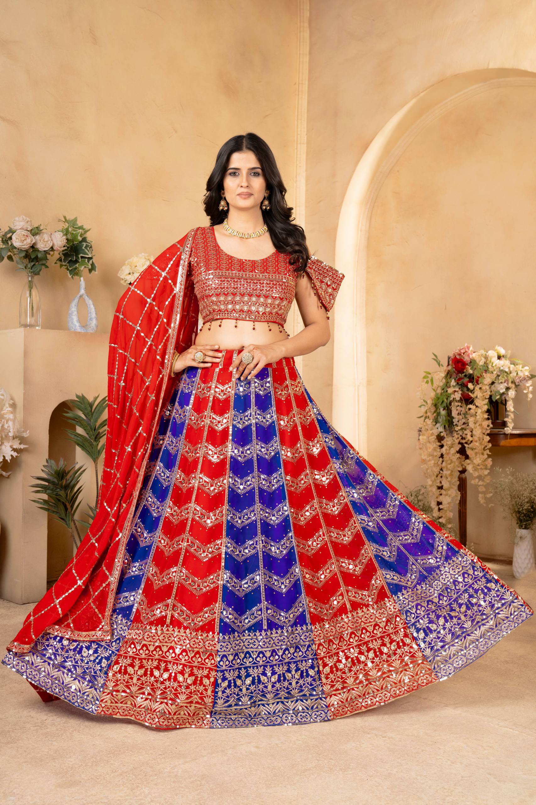 Red & Royal Blue Heavy Embroidered Work Lehenga Choli with Dupatta ✨👑