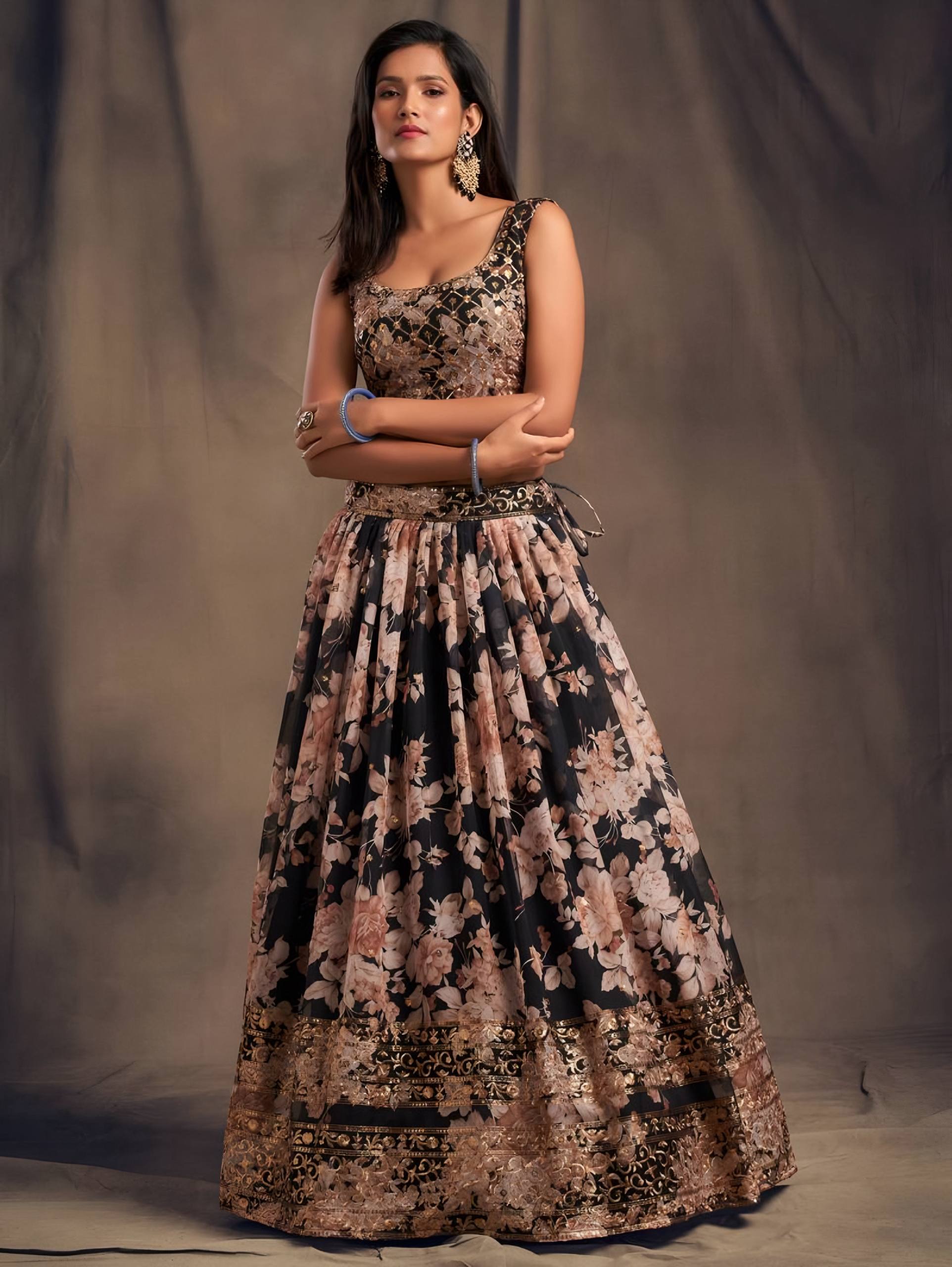 🌹 Black Floral Printed Embroidered Lehenga Set with Dupatta 🌹
