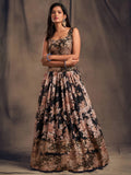 🌹 Black Floral Printed Embroidered Lehenga Set with Dupatta 🌹