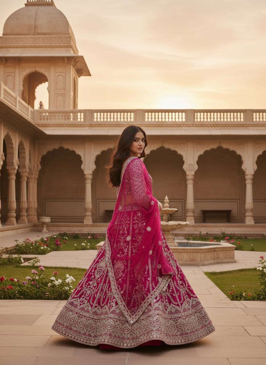 Fuchsia Pink Embroidered Bridal Lehenga Choli with Net Dupatta 🌸✨