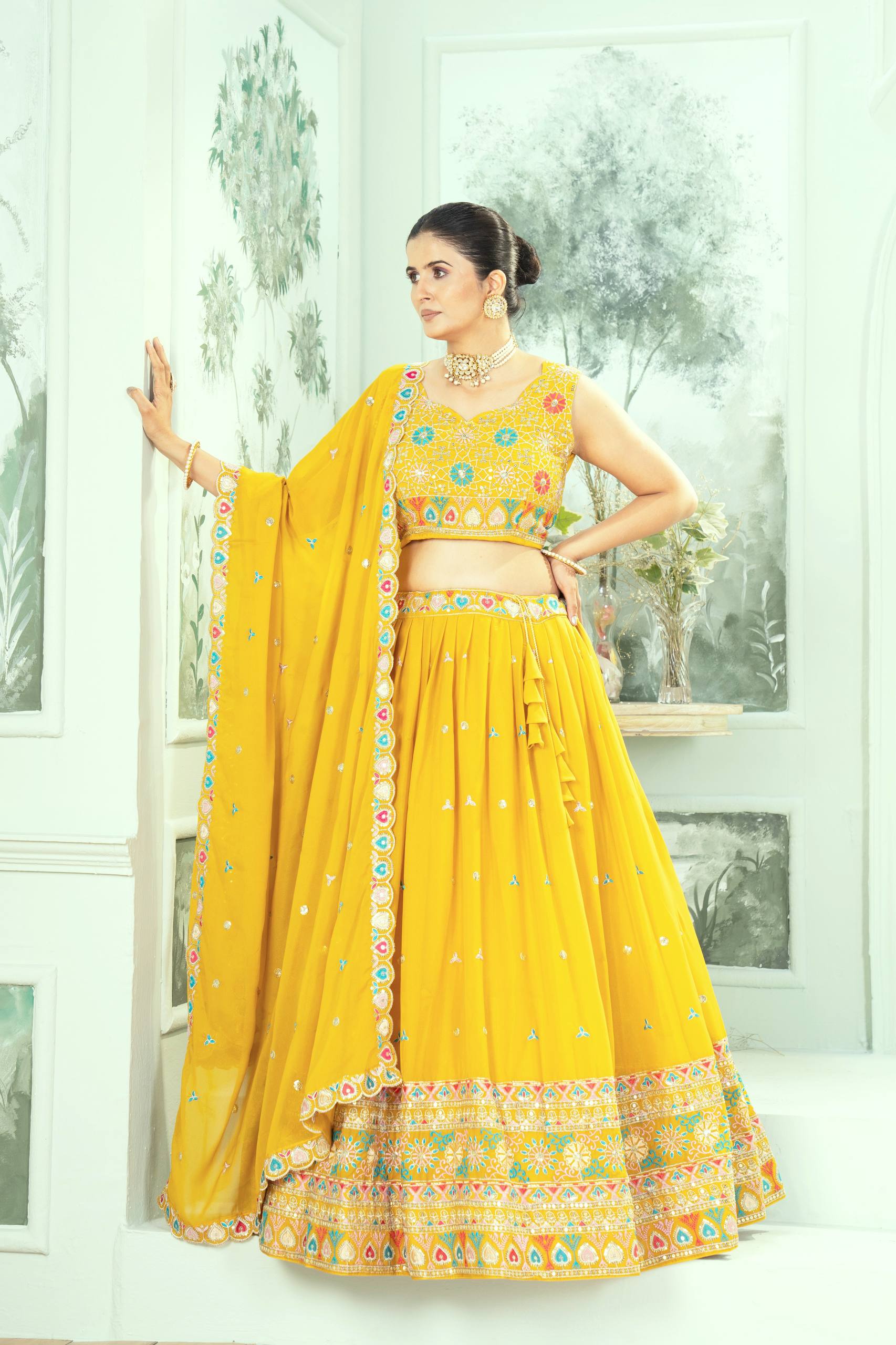 🌼 Sunshine Yellow Multicolor Embroidered Lehenga Set – Festive & Haldi Special 🌼