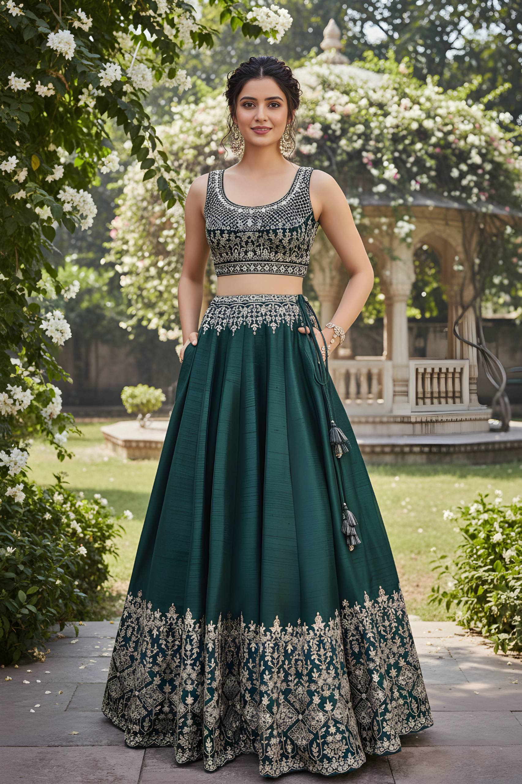 Emerald Green Embroidered Lehenga Set with Dupatta 💚✨