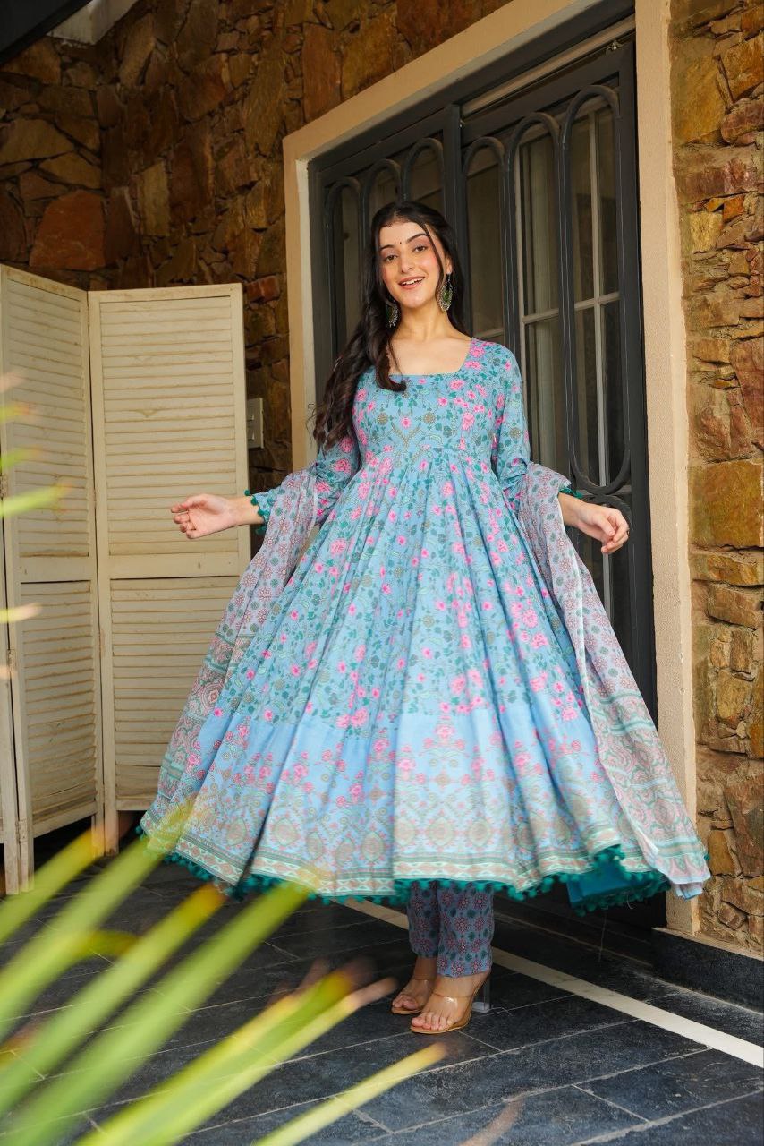 🌸 Elegant Sky Blue Floral Anarkali Kurta Set with Dupatta 🌸