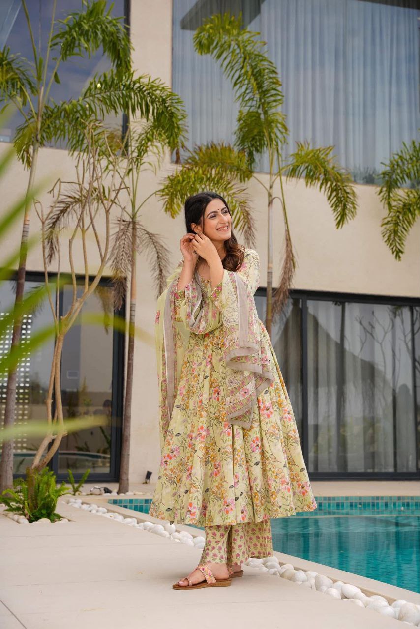 Pastel Green Floral Anarkali Set with Printed Dupatta 🌸💚