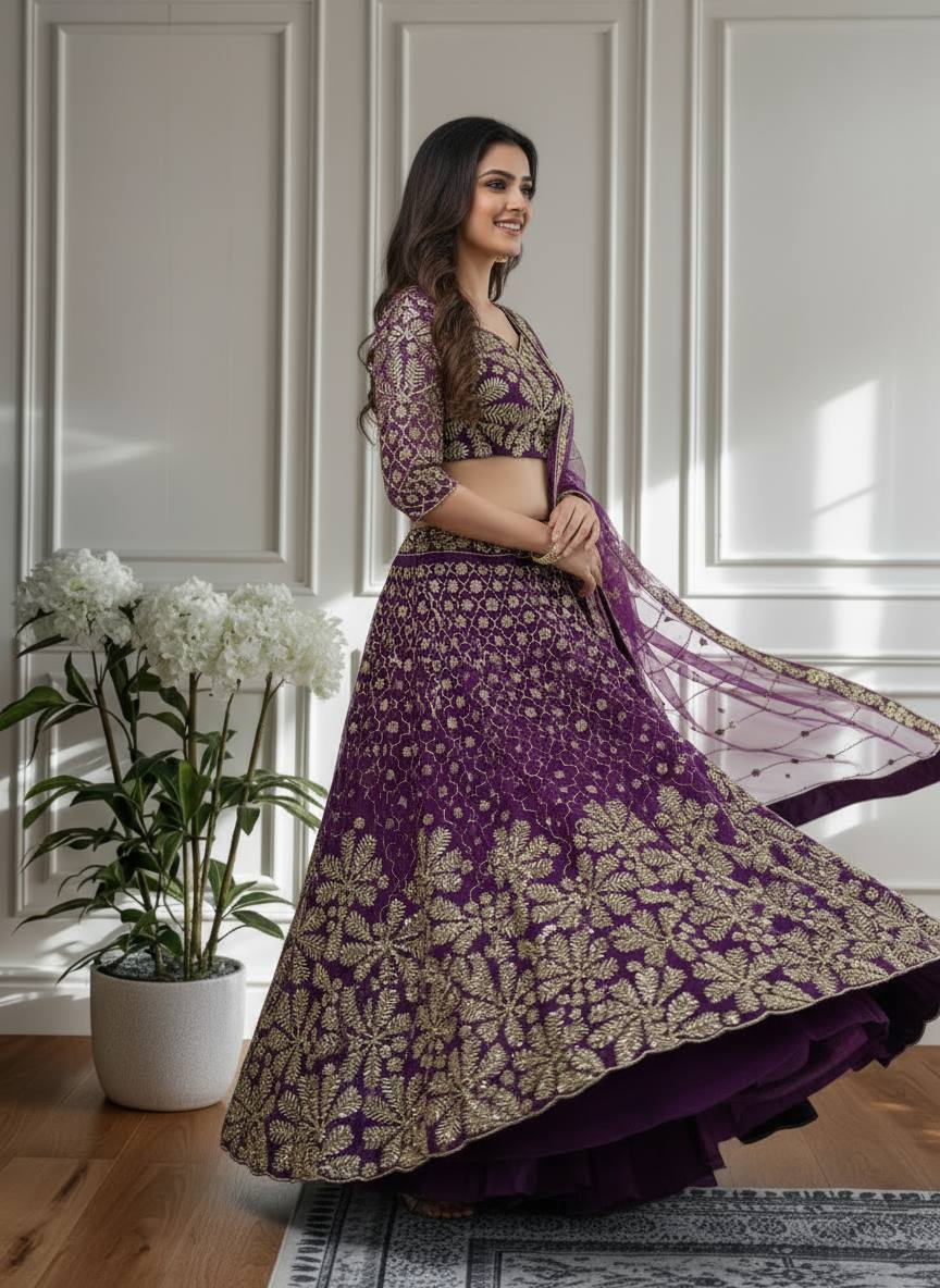 ✨ Regal Purple Embroidered Net Lehenga Set with Dupatta ✨
