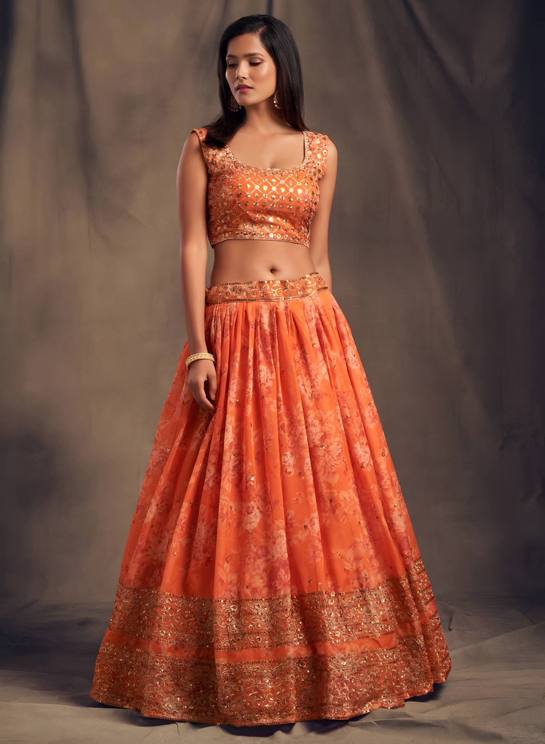 🧡 Orange Floral Embroidered Lehenga Set ✨