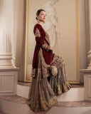 Maroon Embroidered Sharara Set with Golden Detailing