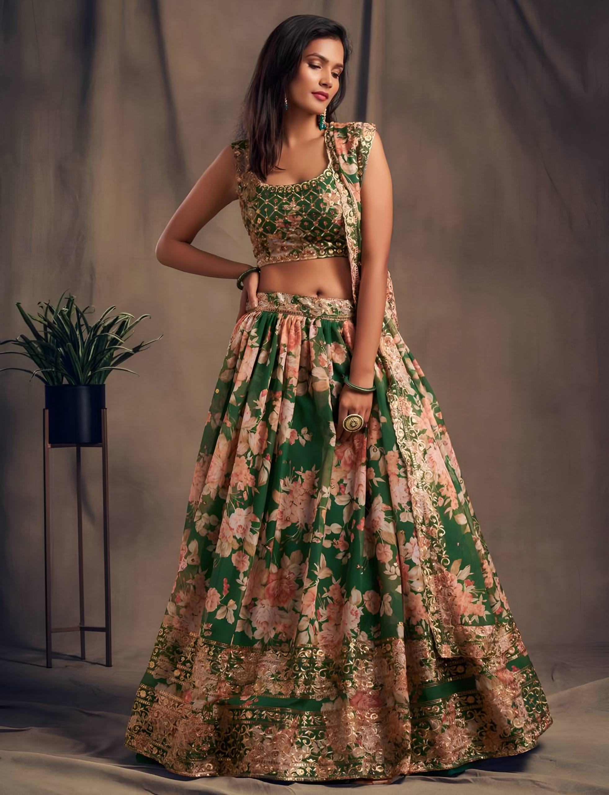 🌿 Green Floral Embroidered Lehenga Set ✨