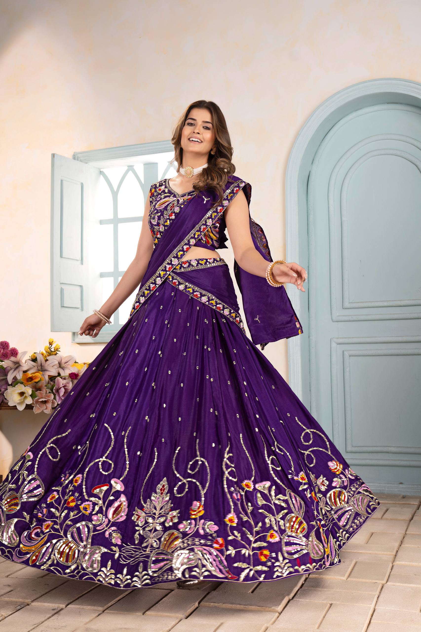 Royal Purple Embroidered Silk Lehenga Choli with Dupatta ✨🌸