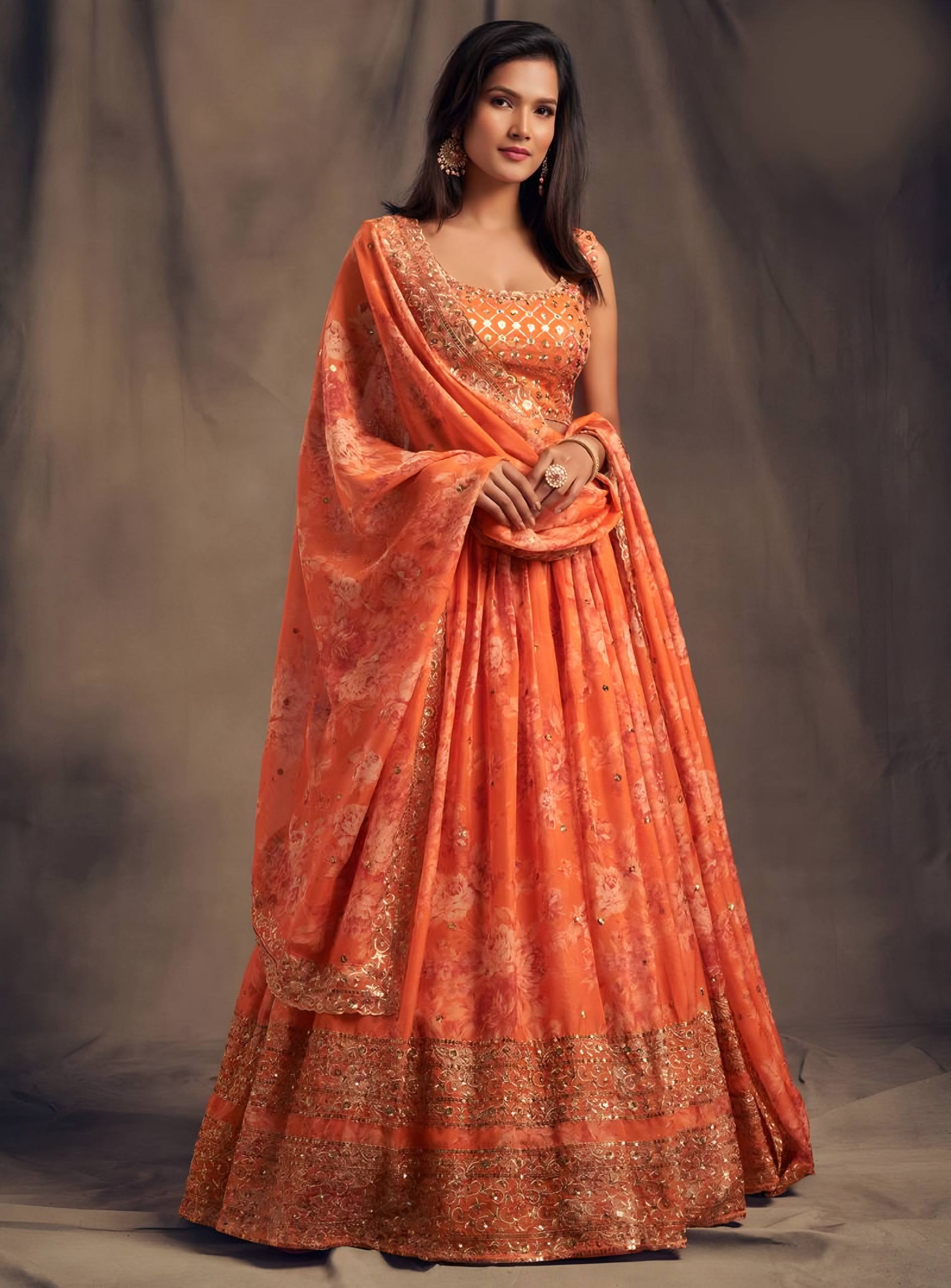 🧡 Orange Floral Embroidered Lehenga Set ✨