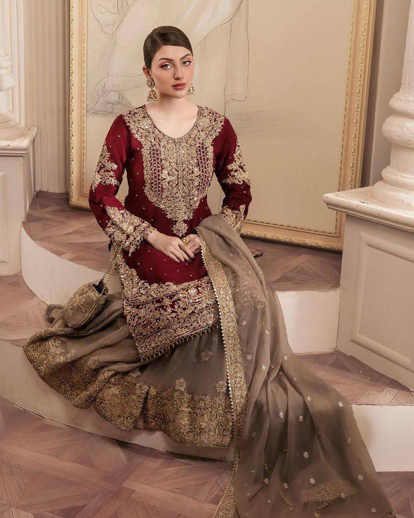 Maroon Embroidered Sharara Set with Golden Detailing