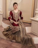 Maroon Embroidered Sharara Set with Golden Detailing