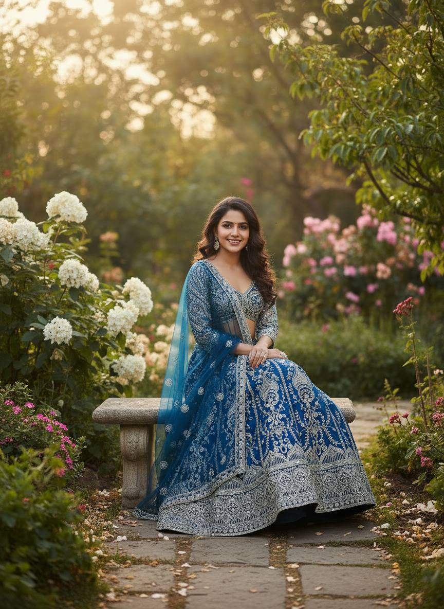 Royal Blue Embroidered Bridal Lehenga Choli with Net Dupatta ✨