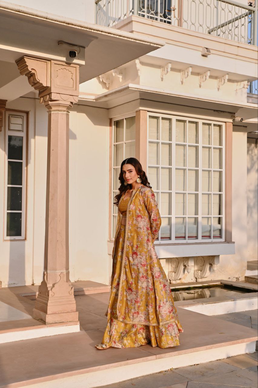 Sunshine Yellow Floral Printed Lehenga Set with Jacket