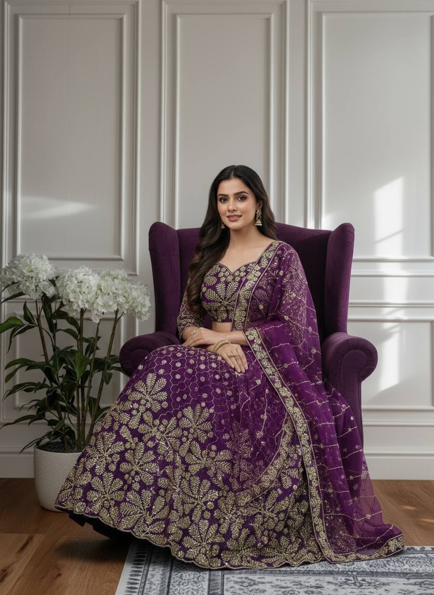 ✨ Regal Purple Embroidered Net Lehenga Set with Dupatta ✨