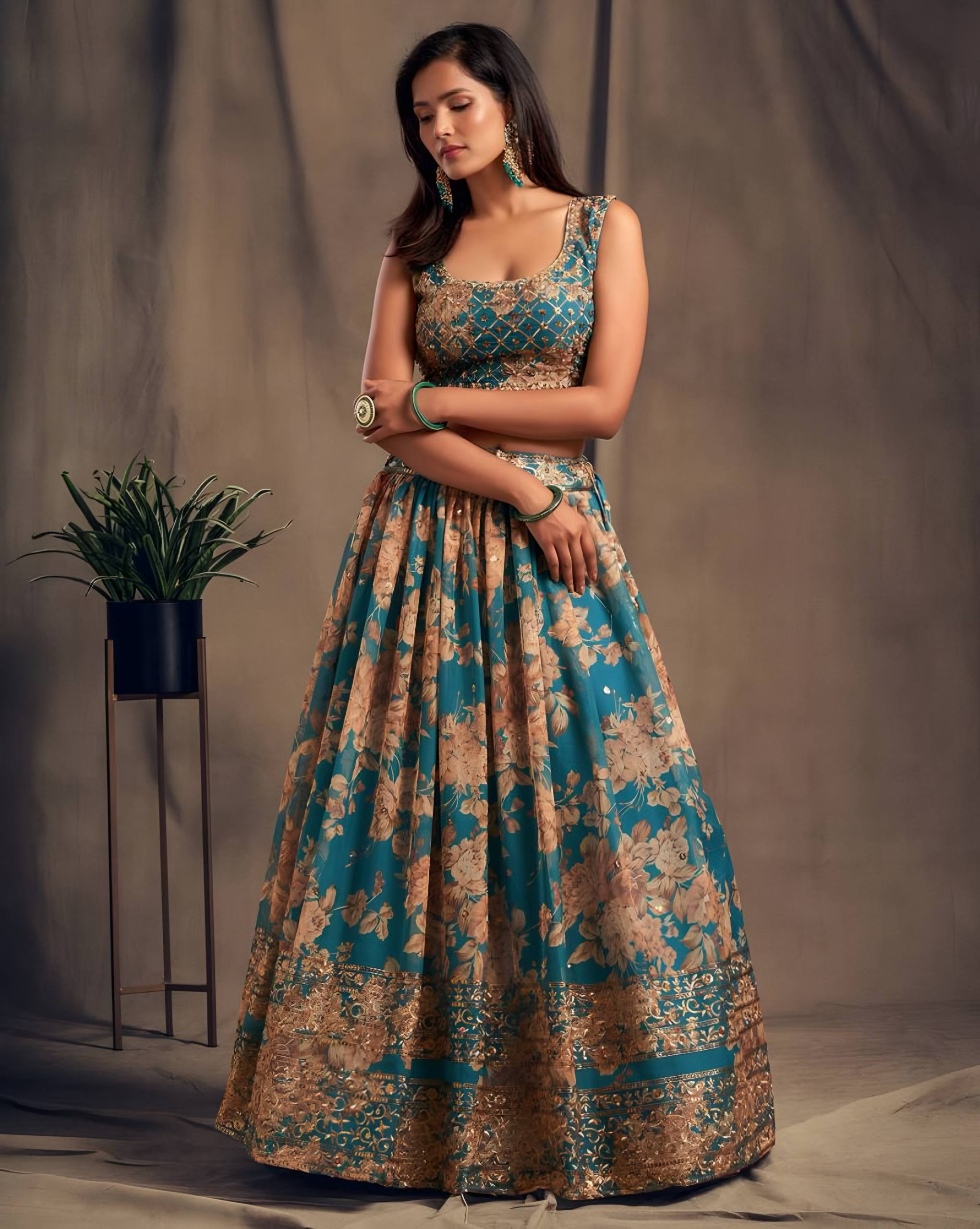 🌿 Teal Blue Floral Embroidered Lehenga Set ✨