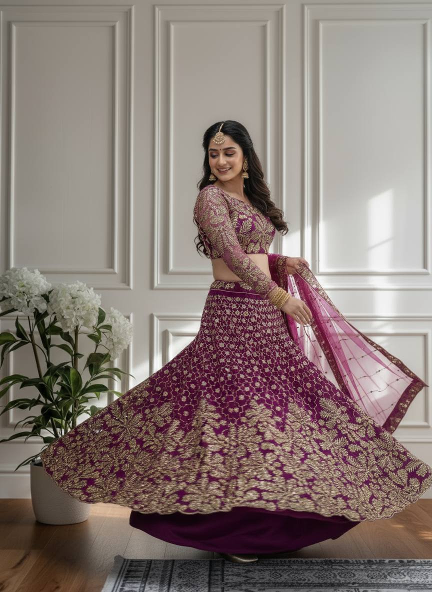 🌸 Magenta Embroidered Bridal Net Lehenga Set with Dupatta 🌸