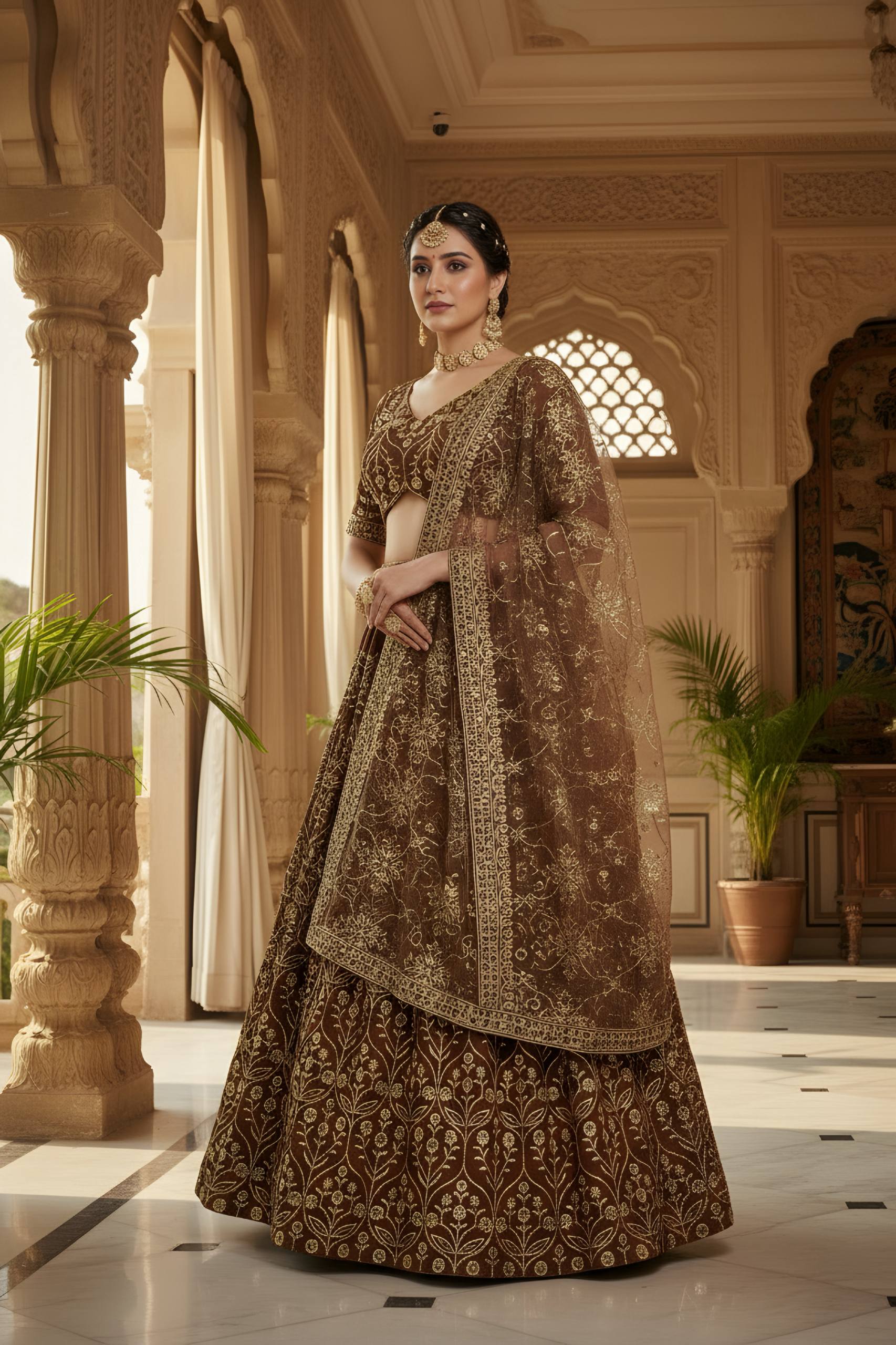 ✨ Regal Brown & Gold Embroidered Lehenga Set – Wedding & Festive Wear ✨