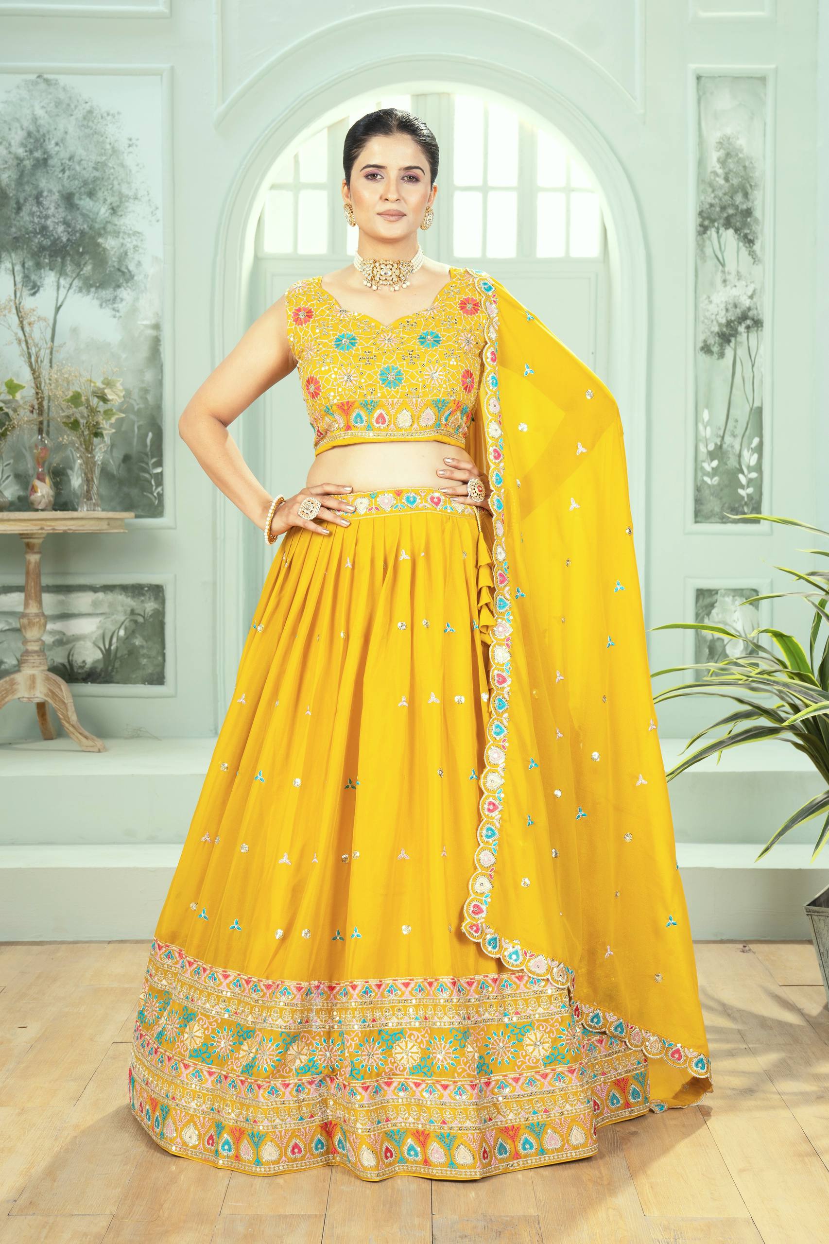 🌼 Sunshine Yellow Multicolor Embroidered Lehenga Set – Festive & Haldi Special 🌼