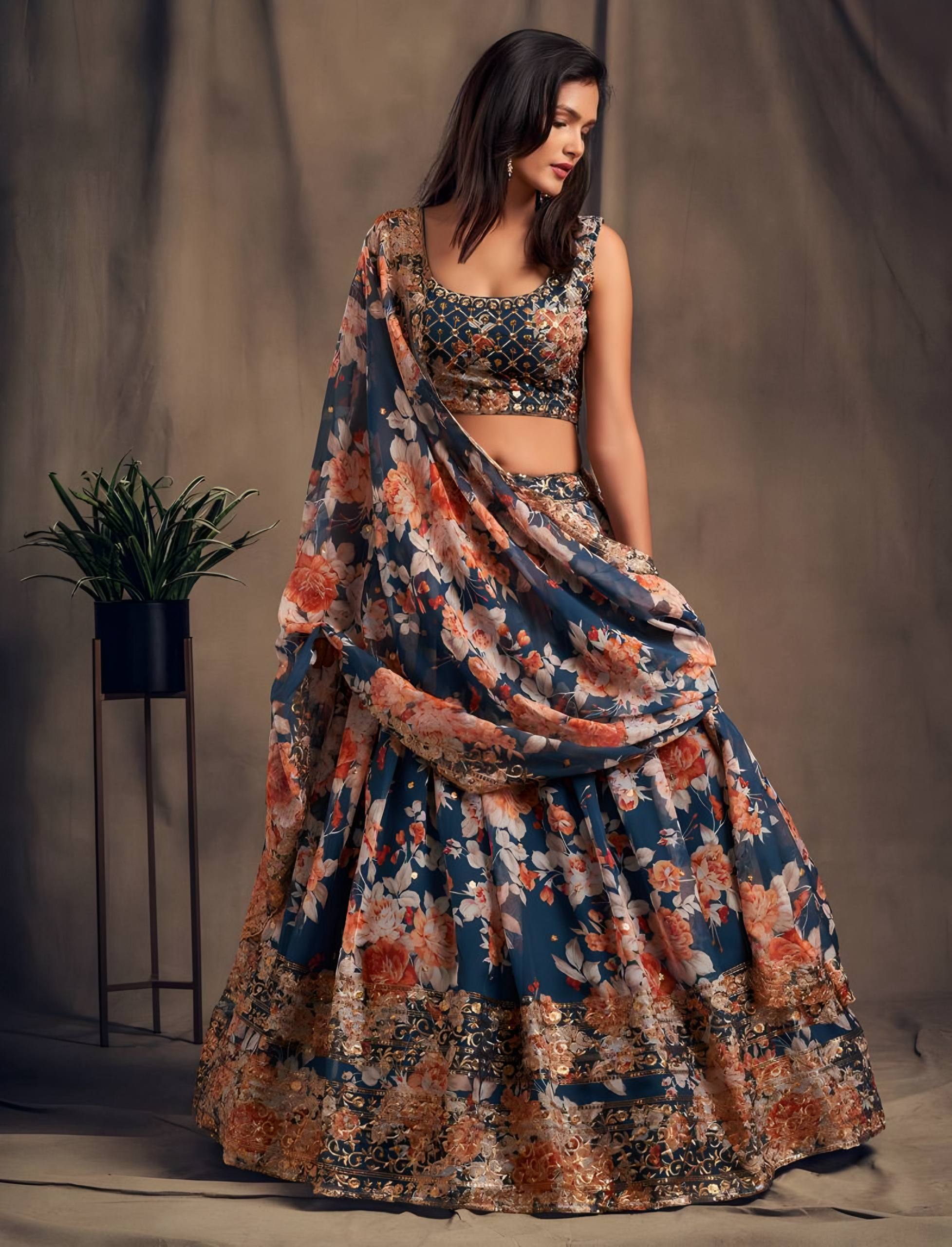 🌸 Navy Blue Floral Embroidered Lehenga Set ✨