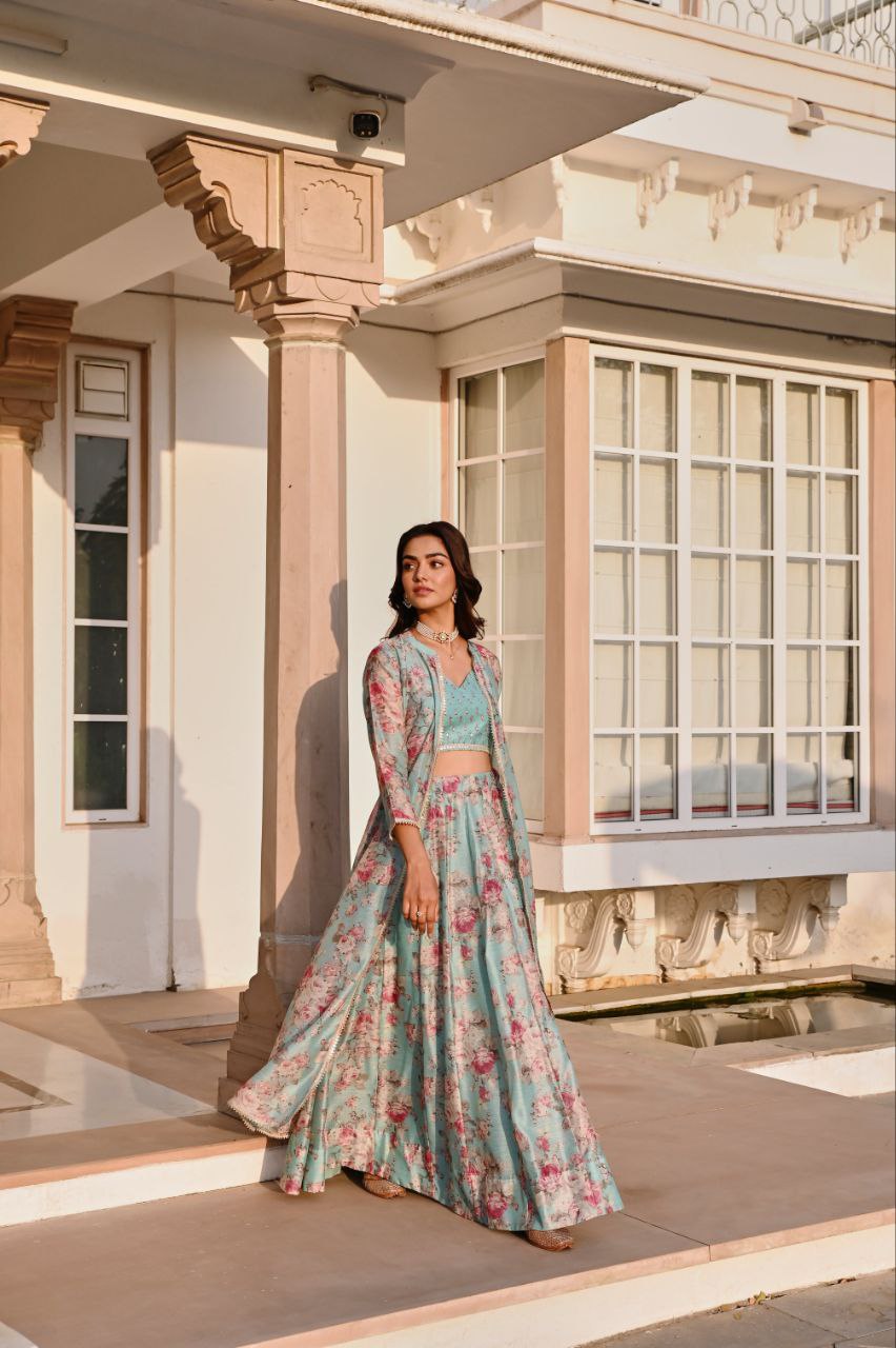 Floral Printed Lehenga Set with Jacket