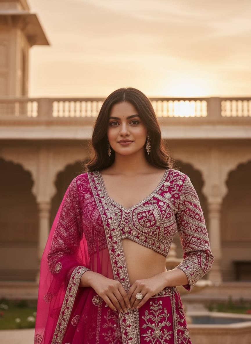 Fuchsia Pink Embroidered Bridal Lehenga Choli with Net Dupatta 🌸✨