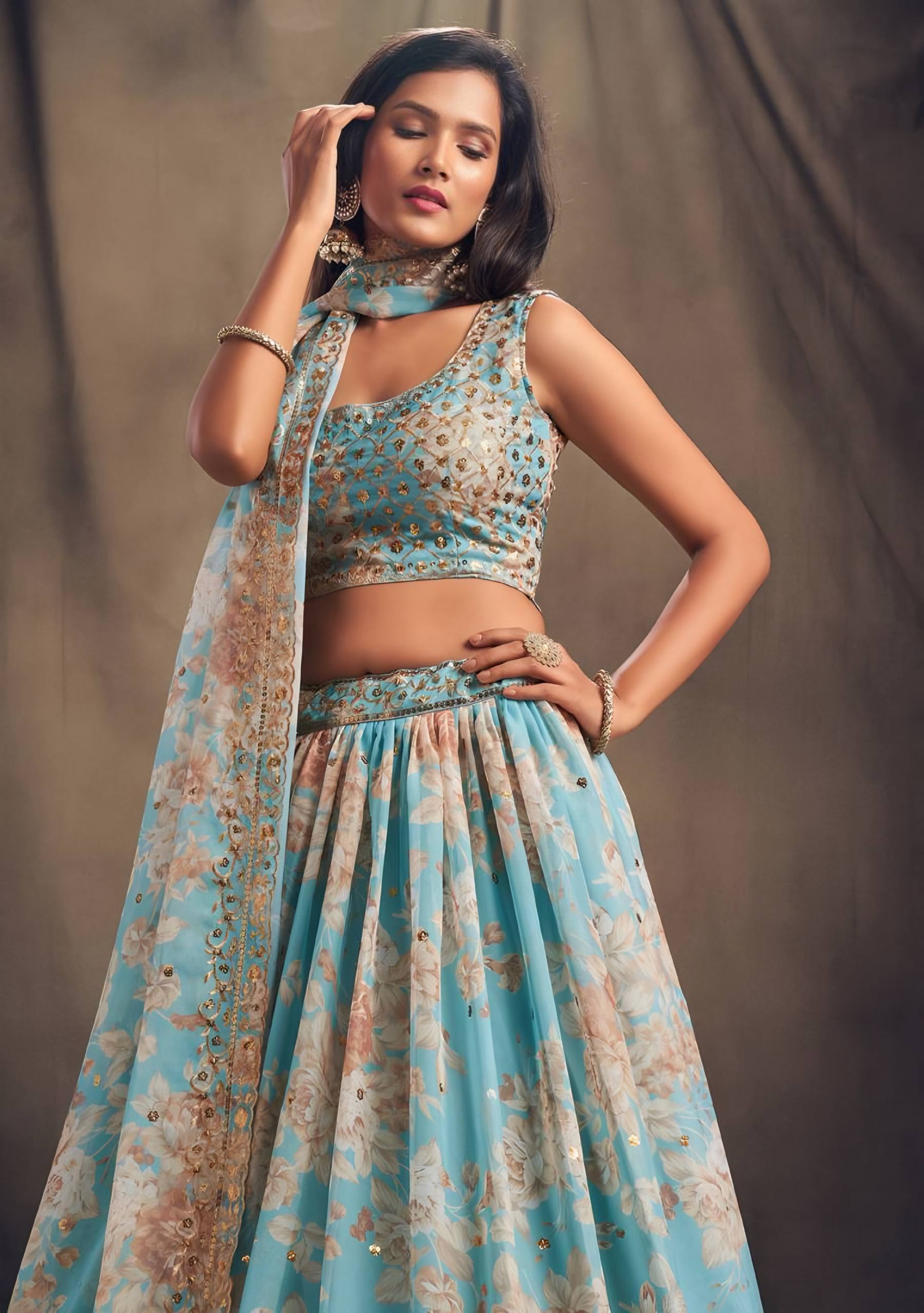 💎 Sky Blue Floral Embroidered Lehenga Set ✨