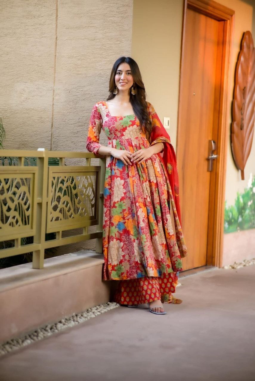 Vibrant Floral Print Anarkali Set with Red Dupatta 🌸✨