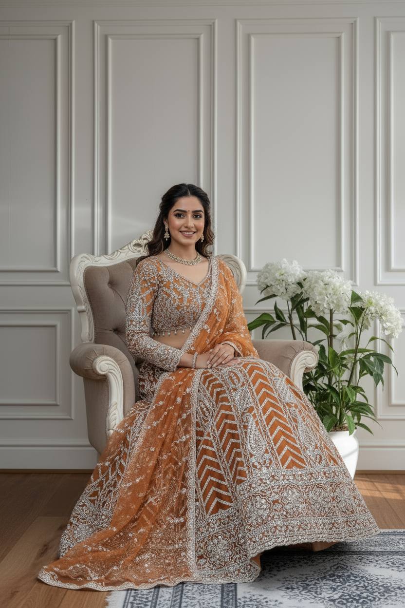 Rust Orange Heavy Embroidered Bridal Lehenga ✨👰