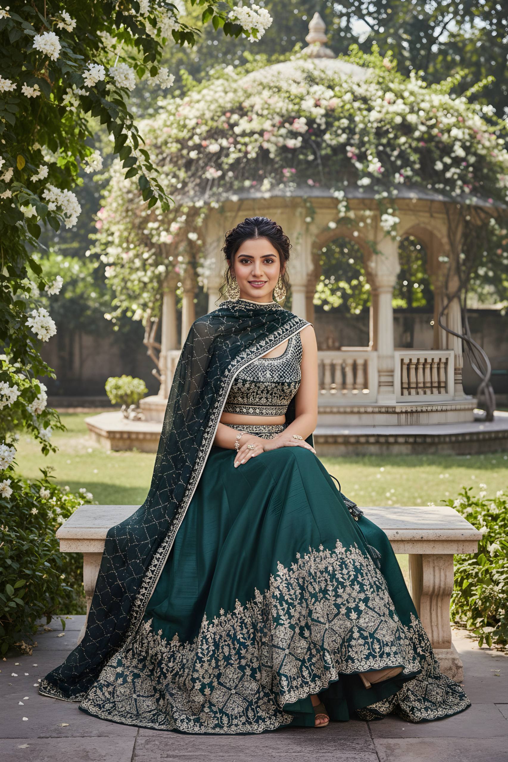 Emerald Green Embroidered Lehenga Set with Dupatta 💚✨